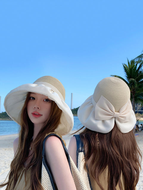 Women Summer Colorblock Straw Bowknot Sunproof Hat