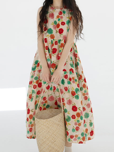 Vestido de talla grande con cuello redondo y plisado con flores bonitas de verano para mujer