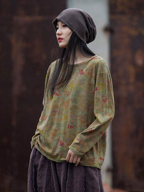 Blusa de algodón con flores y cuello redondo estilo vintage para mujer