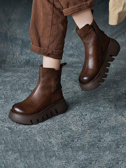 Botas de plataforma de cuero genuino retro para mujer