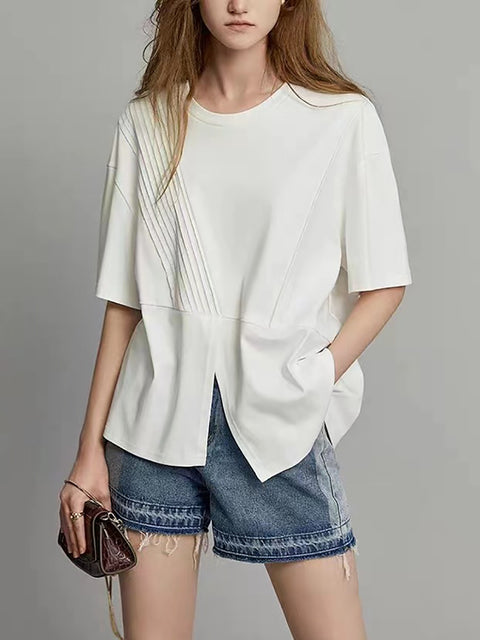 Plus Size Women Summer Casual Split Hem Pleat Spliced Solid Shirt