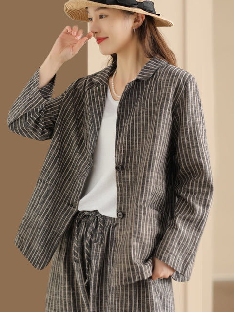 Plus Size Women Vintage Stripe Spring Linen Shirt+Pants