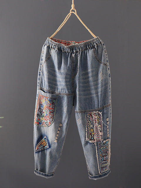 Pantalones de mezclilla con rebabas empalmadas y bordado retro de verano para mujer