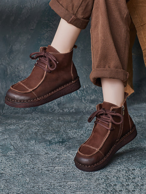 Botas planas con empalmes de cuero estilo retro de invierno para mujer