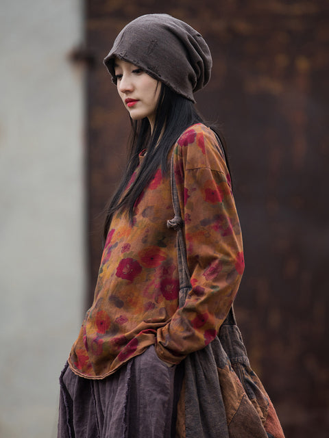 Blusa de algodón con flores y cuello redondo estilo vintage para mujer