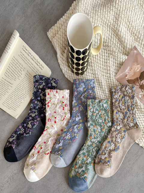 5 pares de calcetines de algodón jacquard con estampado floral artístico para mujer