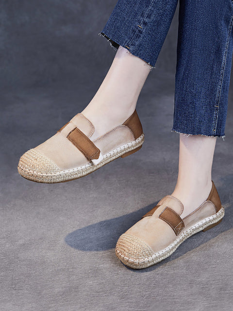 Zapatos planos de verano para mujer con tejido de lino y cuero