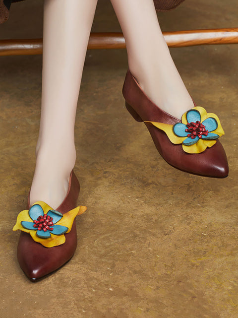 Women Fashion Flower Leather Spliced Low Heel Shoes