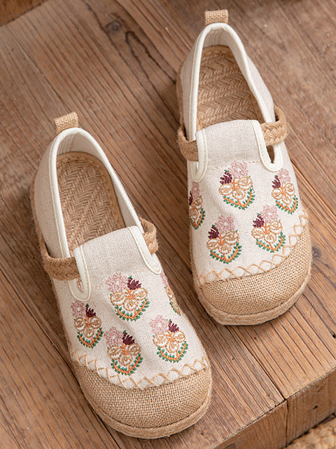 Zapatos planos de lino con bordado de flores étnicas para mujer