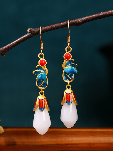 Pendientes vintage de plata con mangnolia y jade cloisonné con flores para mujer