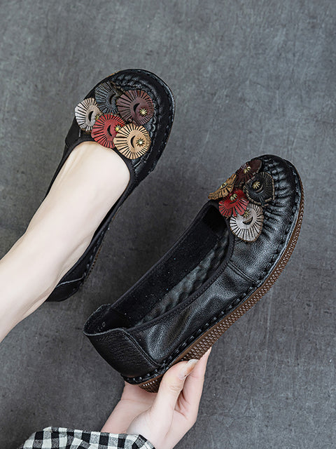 Women Ethnic Leather Flower Spliced Low Heel Shoes