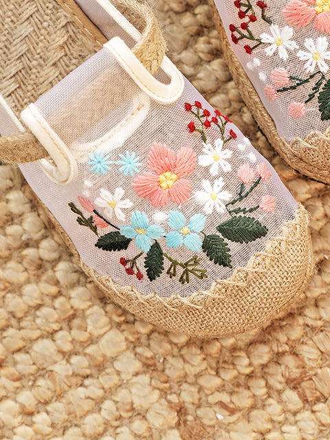 Women Summer Vintage Embroidery Linen Flat Shoes