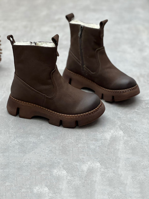 Botas de invierno con forro polar de cuero liso para mujer