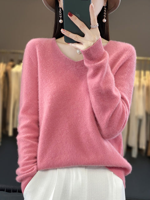 Women Autumn Pure Color V-Neck Knit Sweater