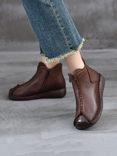 Botas de tacón bajo con empalme de piel auténtica estilo vintage para mujer