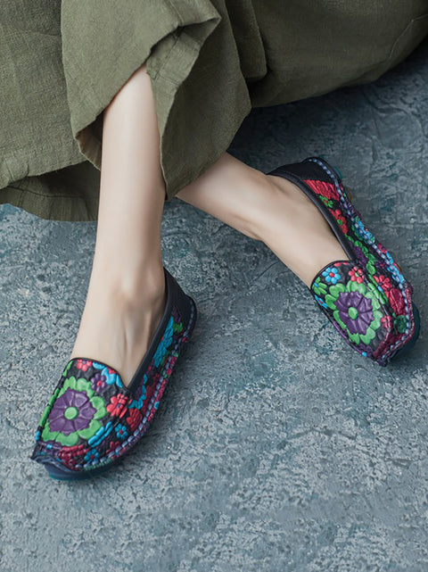 Women Summer Flower Leather Soft Flat Shoes