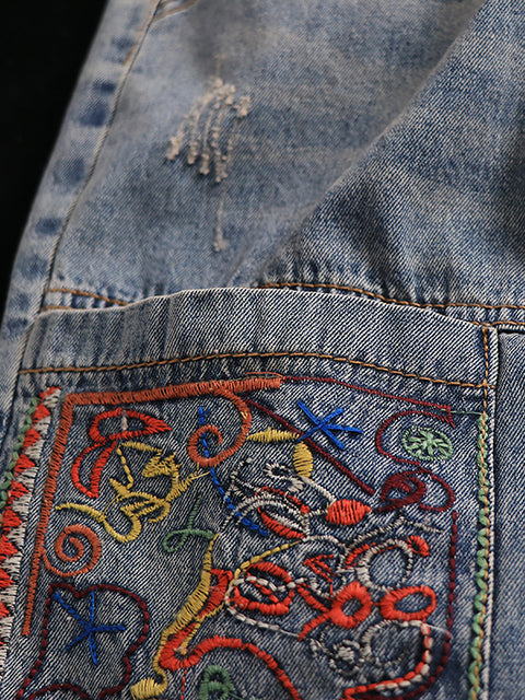 Women Summer Retro Embroidery Spliced Burrs Denim Pants