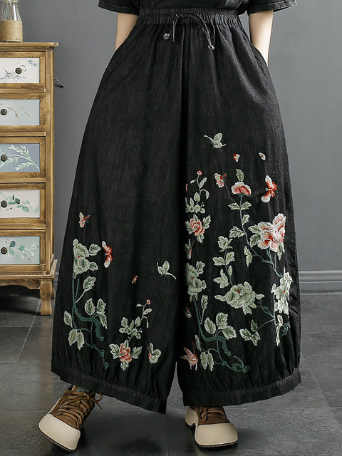 Pantalones anchos de mezclilla con bordado de flores de primavera para mujer