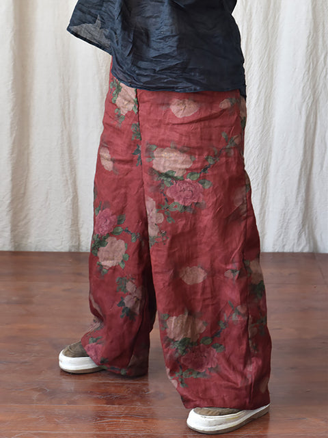 Pantalones anchos de primavera con estampado floral vintage para mujer