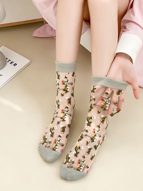 5 pares de calcetines finos de jacquard con flores de verano para mujer