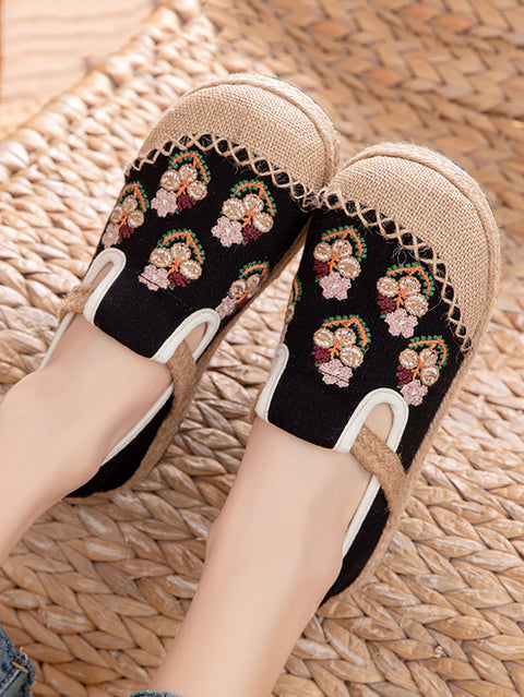 Zapatos planos de lino con bordado de flores étnicas para mujer