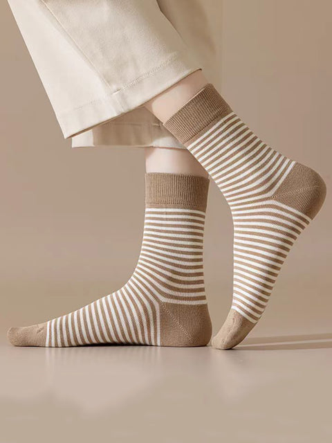 5 Pairs Women Autumn Stripe Cotton Mid-Heel Socks