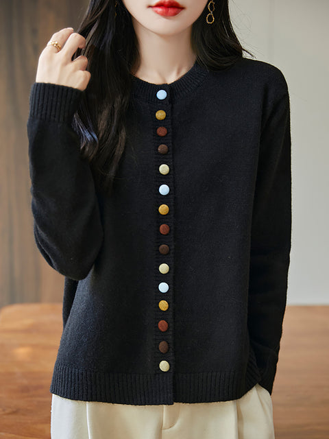 Women Autumn 100%Wool Colorful Button O-Neck Sweater