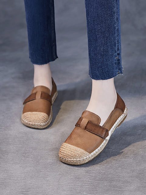 Zapatos planos de verano para mujer con tejido de lino y cuero