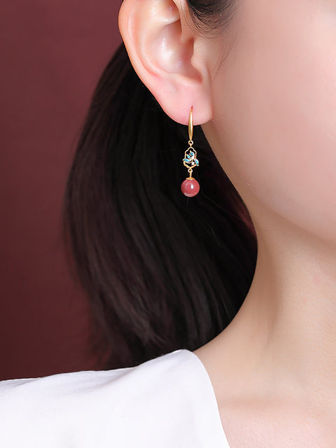 Pendientes vintage de plata S925 con cuentas rojas y flores para mujer