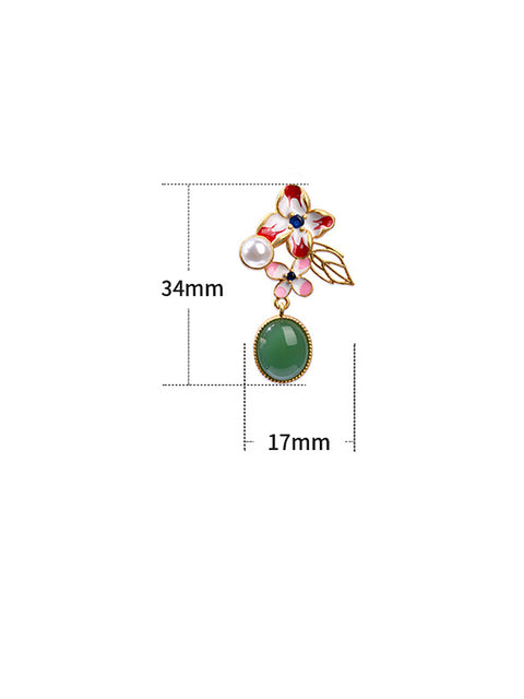 Pendientes con placa dorada de jade verde esmaltado con flores para mujer