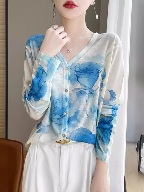 Camisa informal con escote en V y flores para mujer de primavera