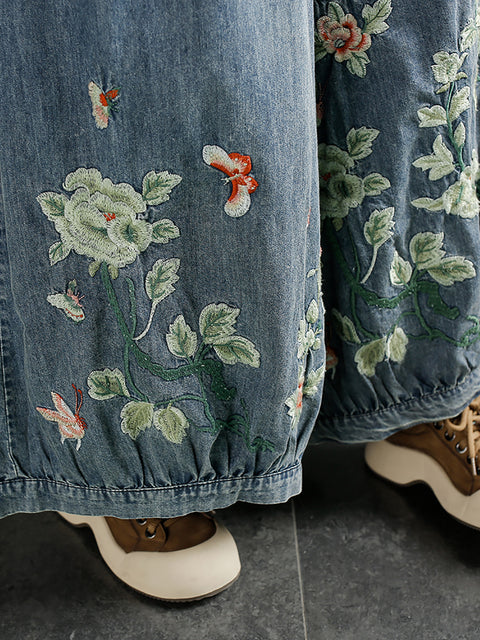 Pantalones anchos de mezclilla con bordado de flores de primavera para mujer