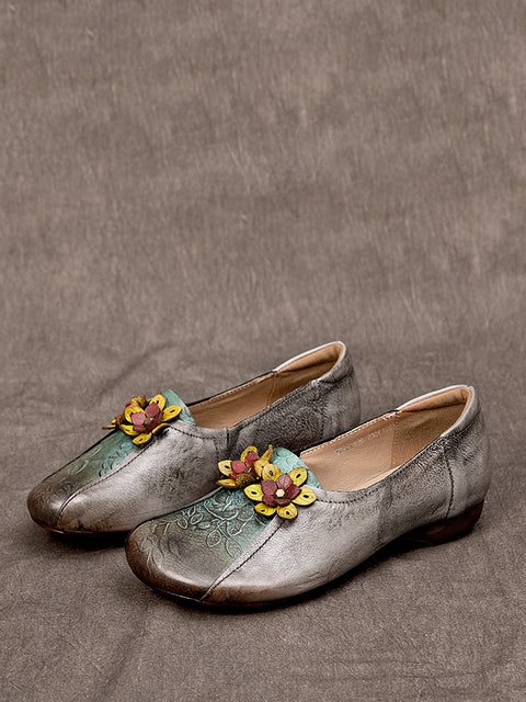 Zapatos de tacón bajo de piel con flores estilo vintage para mujer