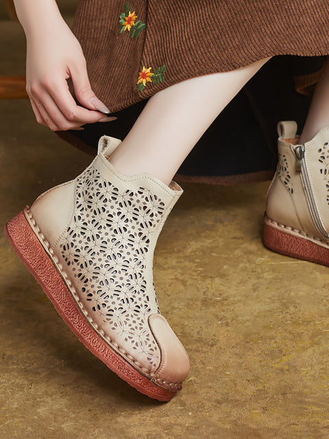 Women Summer Hollow Leather Ankle Boots