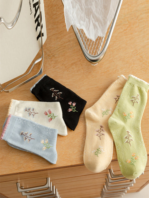 5 Pairs Women Artsy Flower Cotton Socks