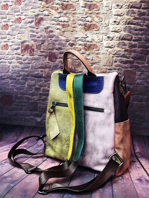 Mochila de cuero multicolor de cuero para mujeres