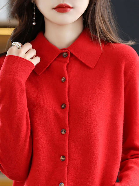 Women Autumn Wool Turn-down Collar Knit Cardigan Sweater