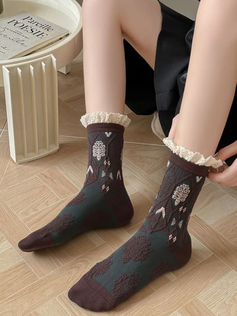 5 pares de calcetines de algodón con estampado de flores artísticas de otoño para mujer