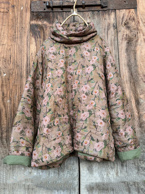 Abrigo acolchado de ramio con cuello redondo y flores de otoño estilo vintage para mujer