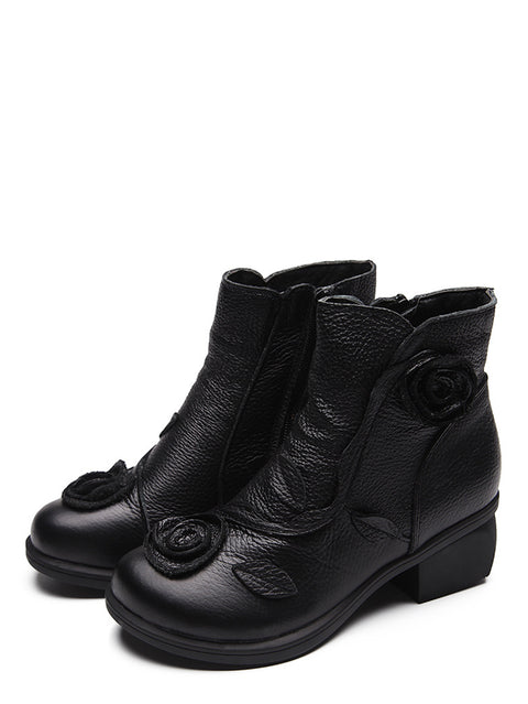 Women Retro Flower Leather Solid Mid-Heel Boots