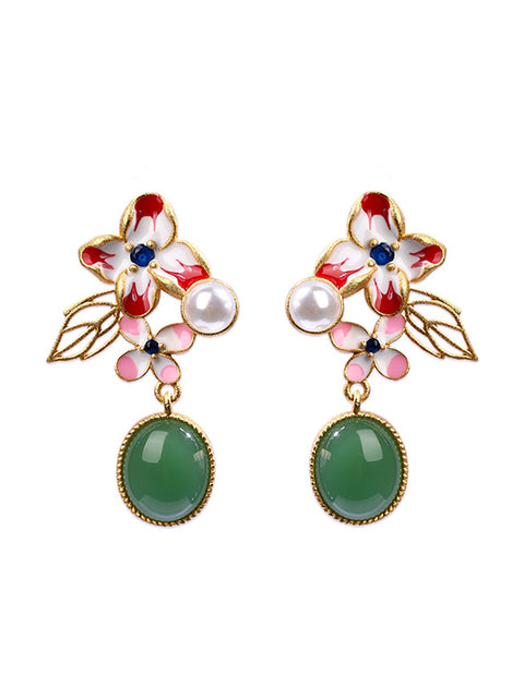 Pendientes con placa dorada de jade verde esmaltado con flores para mujer