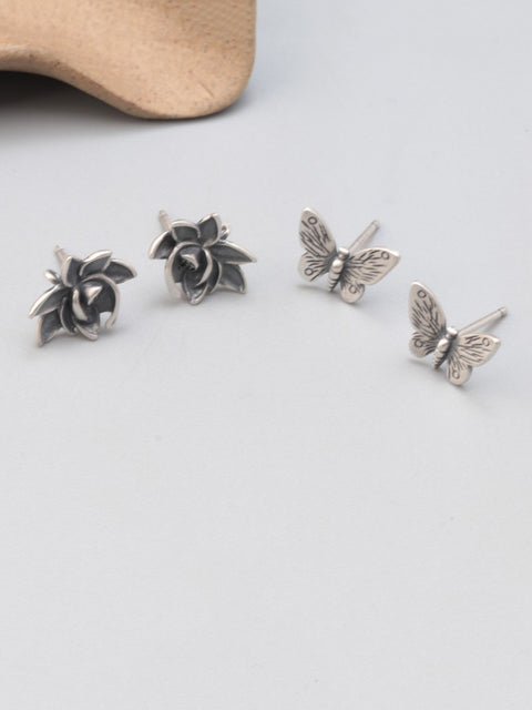 Pendientes vintage de mariposa y flor plateada S925