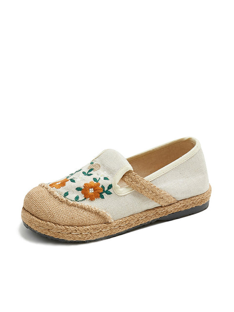 Zapatos de paja empalmados de lino con bordado de flores de verano para mujer