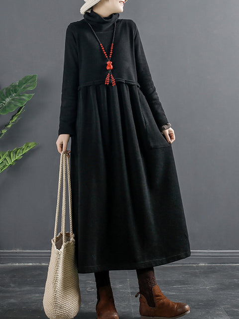 Plus Size Women Pure Color Turtleneck Draped Long Dress