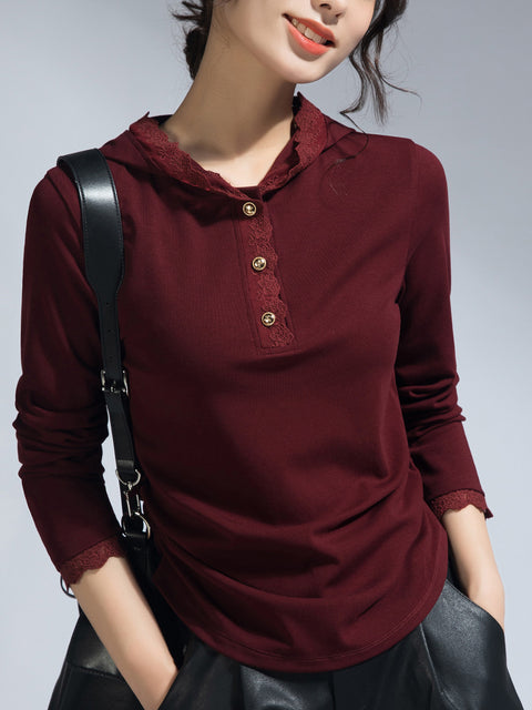 Camisa con capucha de encaje 100 % algodón de color puro para mujer de primavera