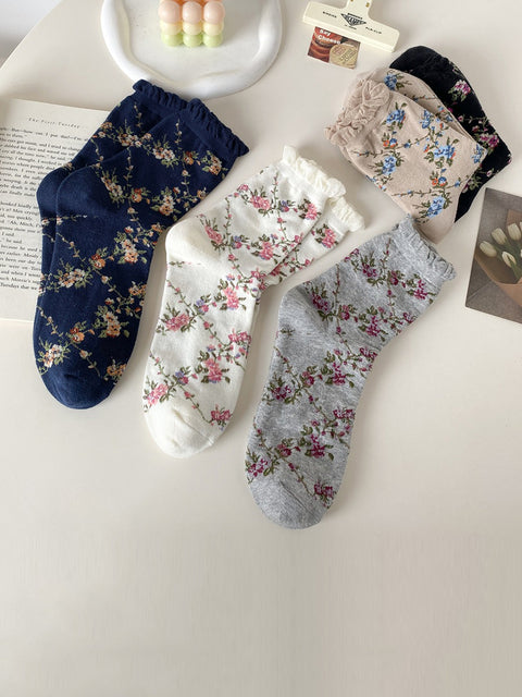 5 Pairs Women Floral Jacquard Cotton Socks