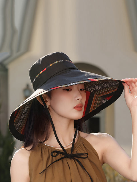 Women Ethnic Stripe Colorblock Strap Sunproof Hat