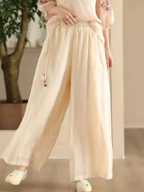 Women Summer Dual-layer Wide-leg Ramie Pants