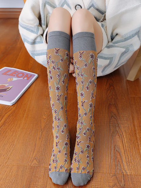 4 pares de calcetines largos de invierno con estampado floral de jacquard para mujer