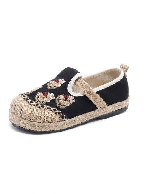 Zapatos planos de lino con bordado de flores étnicas para mujer